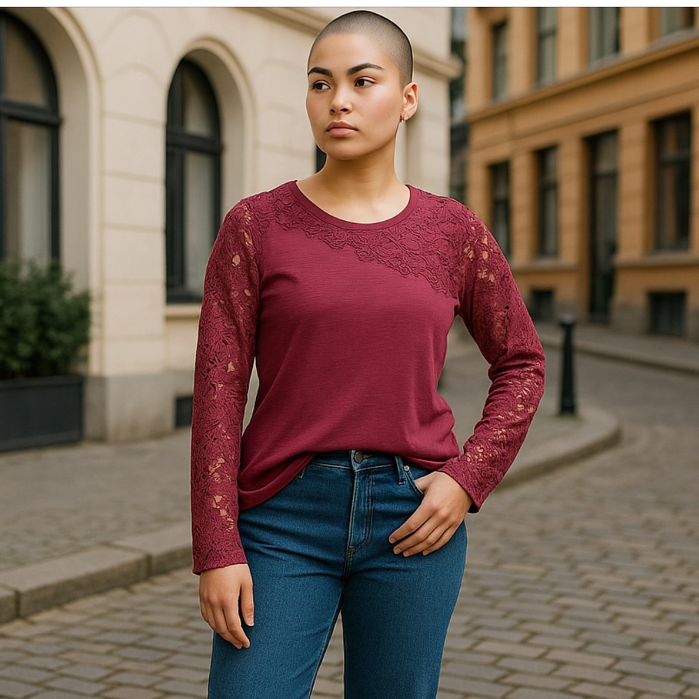 CAVENDERS ROCKIN' C FUCHSIA LONG SLEEVE T-SHIRT WITH LACE CUT OUT SLEEVES MEDIUM